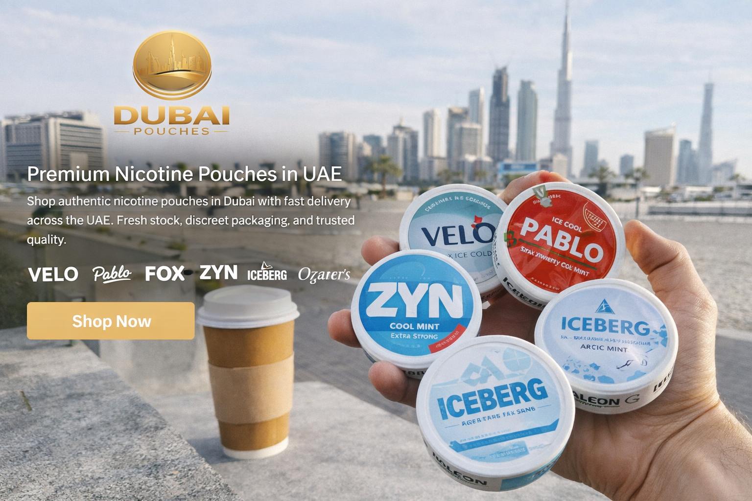 Premium nicotine pouches in Dubai featuring VELO, Pablo, ZYN and Iceberg with fast delivery across UAE.